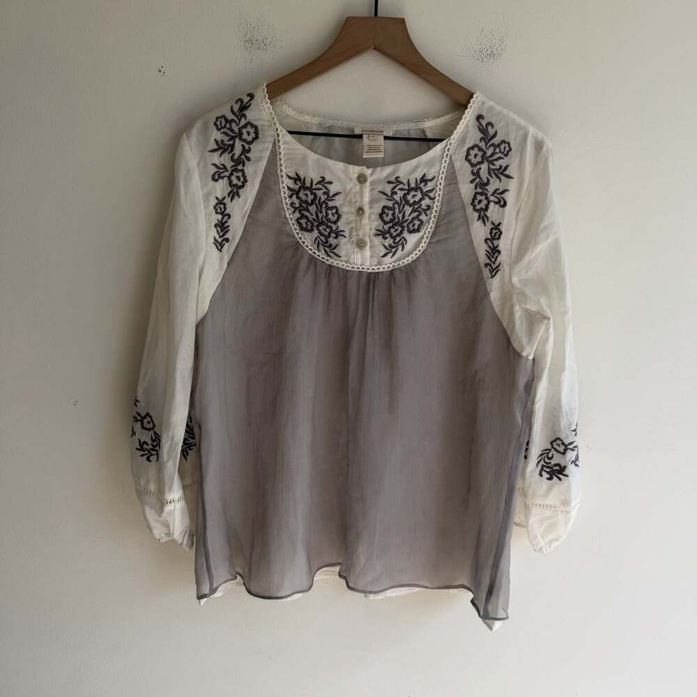 Sundance Cotton Silk Embroidered Peasant Top Cream Boho Size Large Gray Office